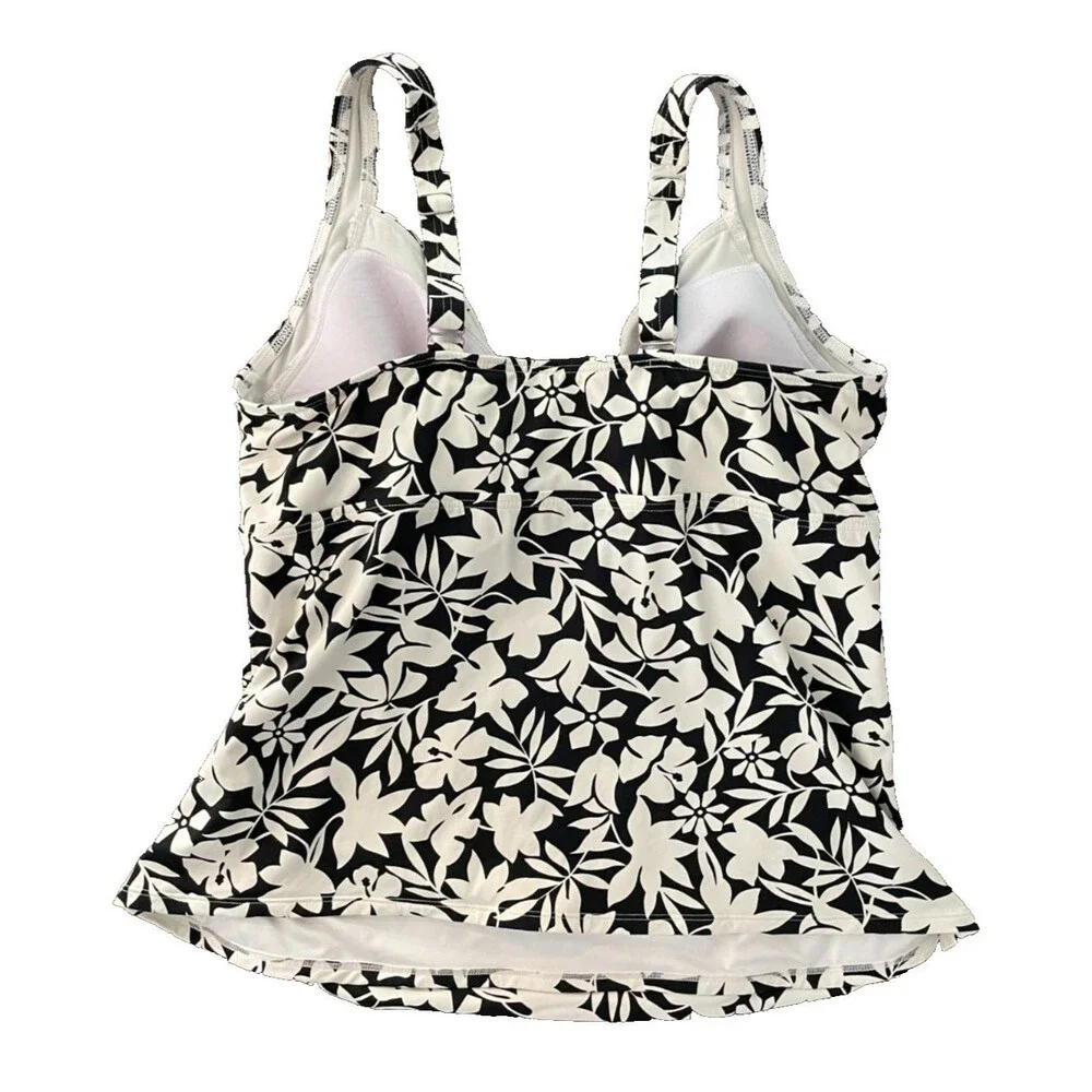 LANDS END Womens SWIM TOP Black Ivory FLORAL with Underwire Bra Size 16W/L Long